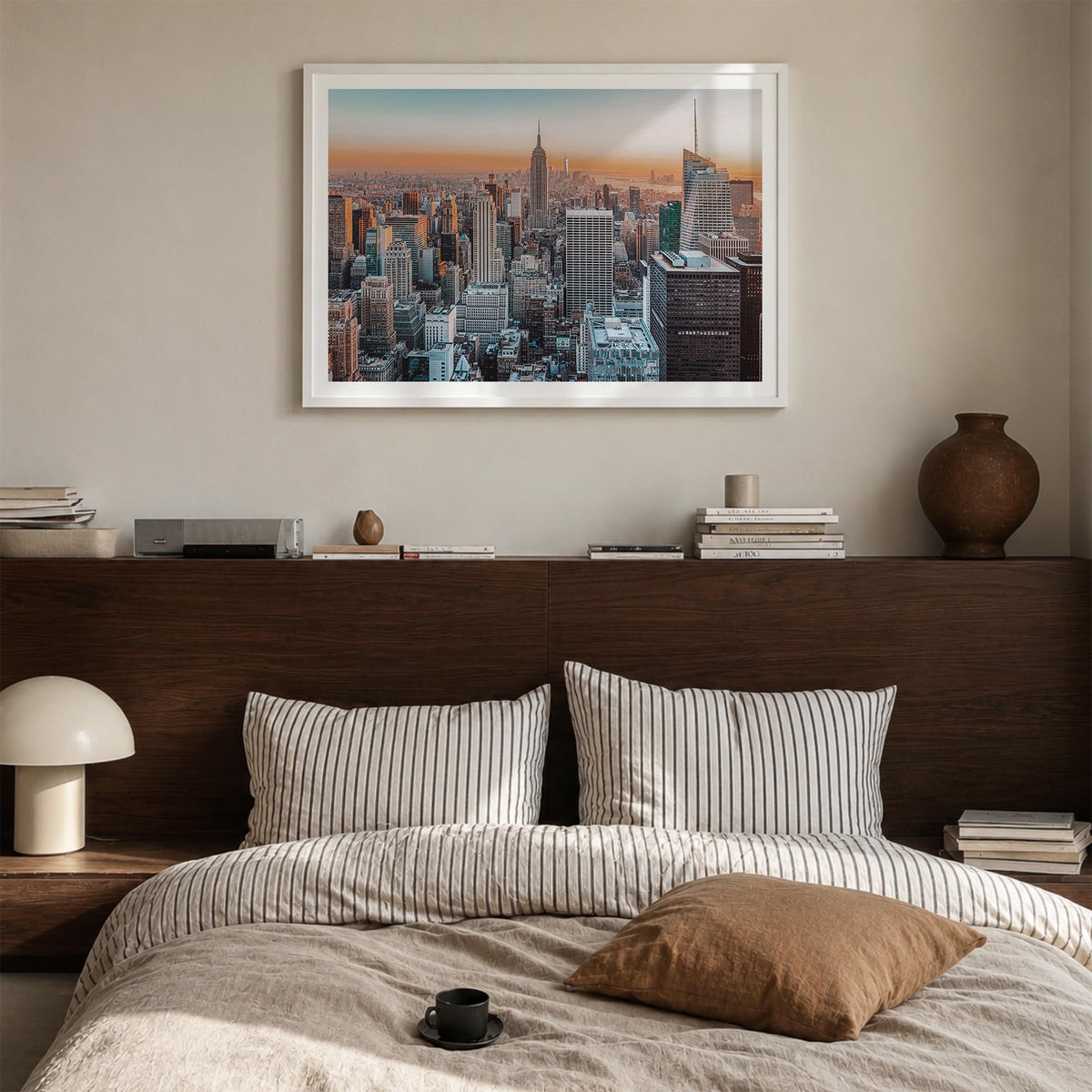 New York City colorful photo poster of New York, USA – horizontal wall art in white wood frame with white border, hanging on 