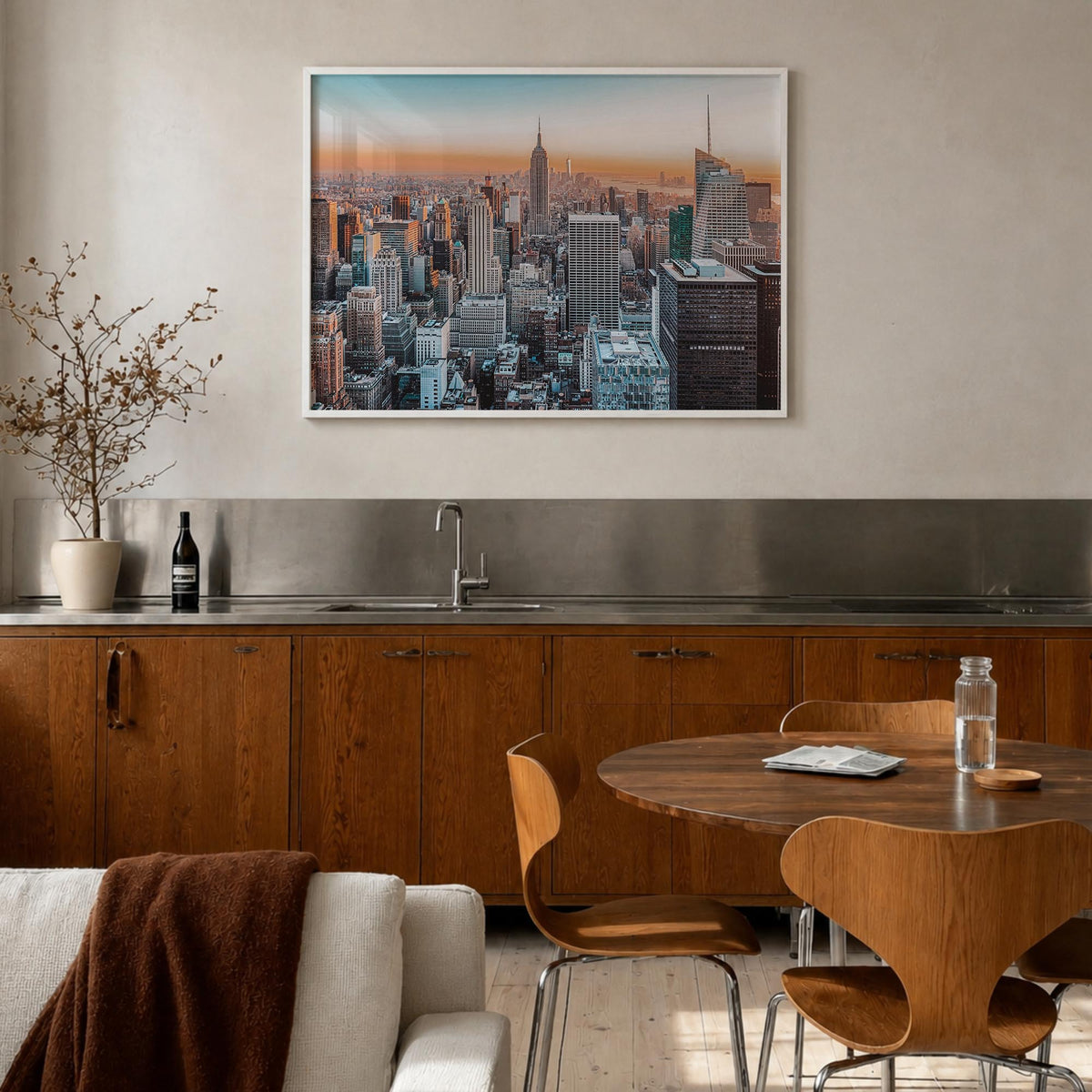 New York City colorful photo poster of New York, USA – horizontal wall art in white wood frame, hanging on wall