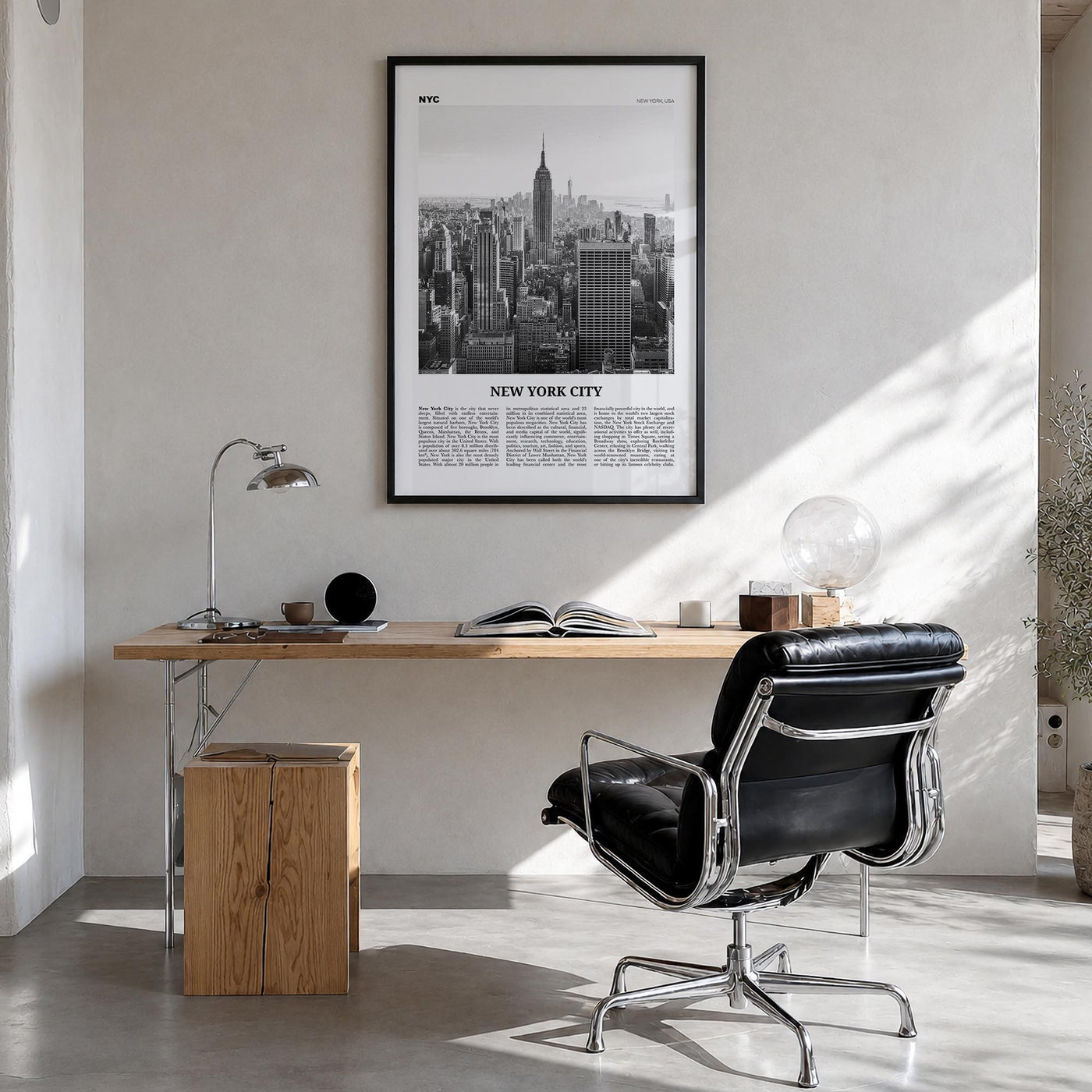 New York City no. 1 black & white newspaper poster of New York, USA – vertical wall art in black wood frame, hanging on wall