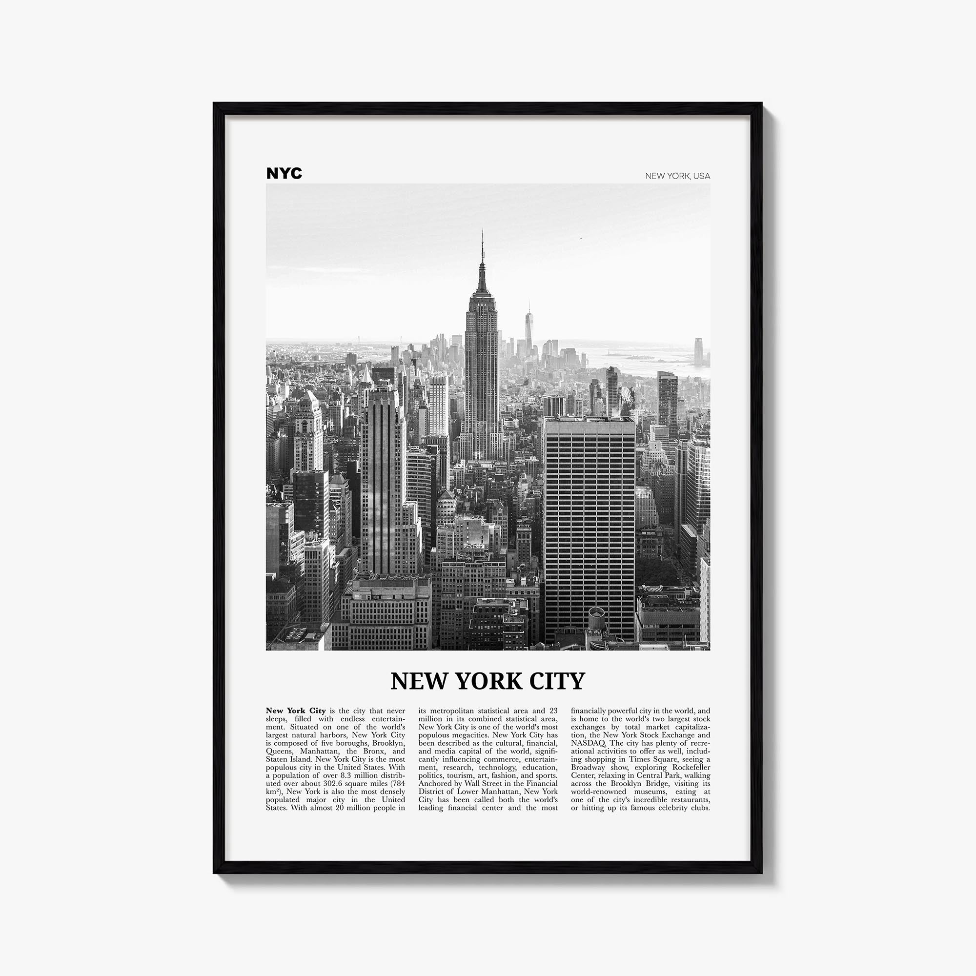 New York City no. 1 black & white newspaper poster of New York, USA – vertical wall art, unframed print shown in interior moc