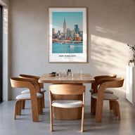 New York City no. 1 colorful classic poster of New York, USA – vertical wall art in natural wood frame, hanging on wall
