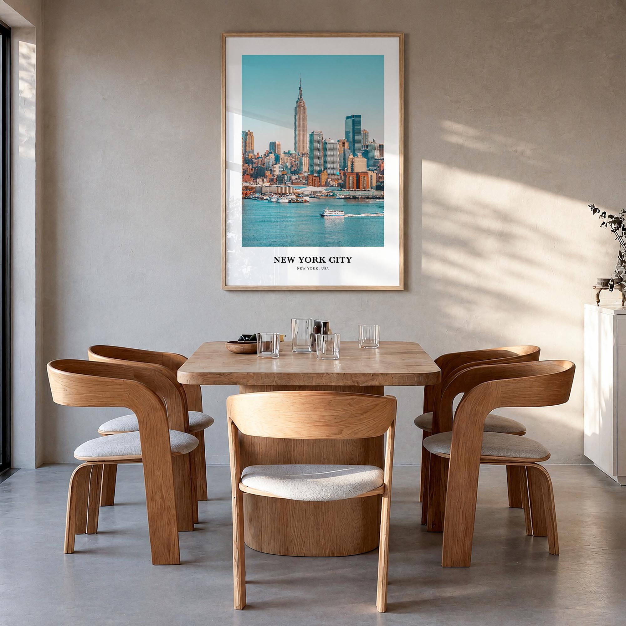 New York City no. 1 colorful classic poster of New York, USA – vertical wall art in natural wood frame, hanging on wall