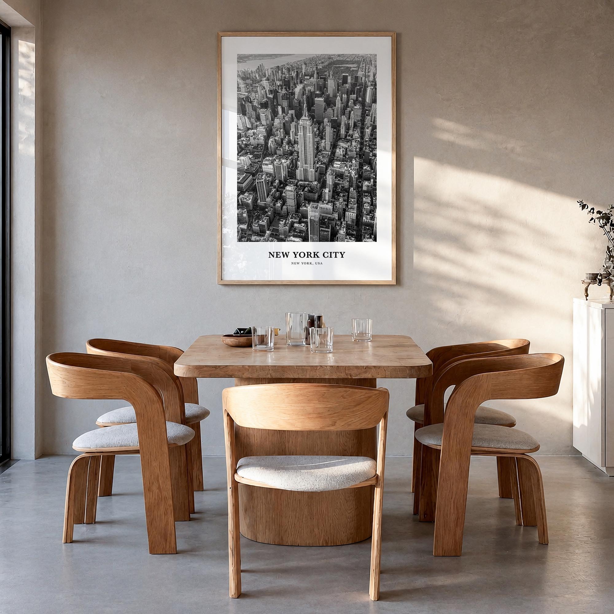 New York City no. 2 black & white classic poster of New York, USA – vertical wall art in natural wood frame, hanging on wall
