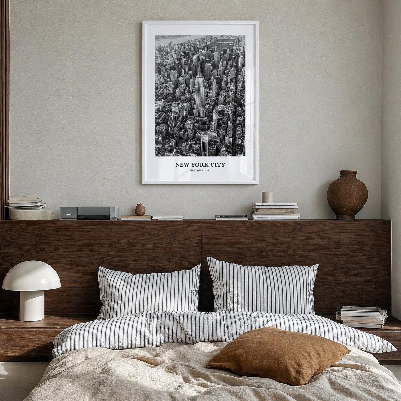 New York City no. 2 black & white classic poster of New York, USA – vertical wall art in white wood frame, hanging on wall