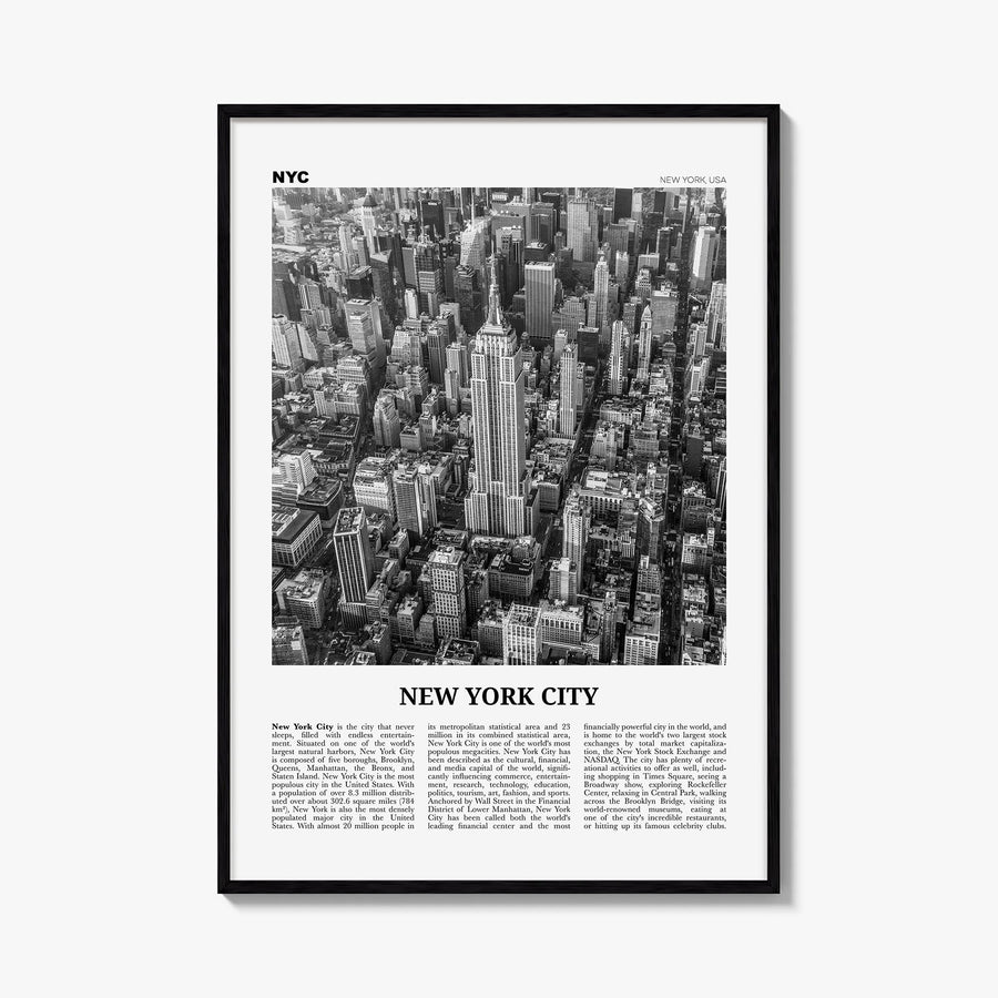 New York City no. 2 black & white newspaper poster of New York, USA – vertical wall art, unframed print shown in interior moc
