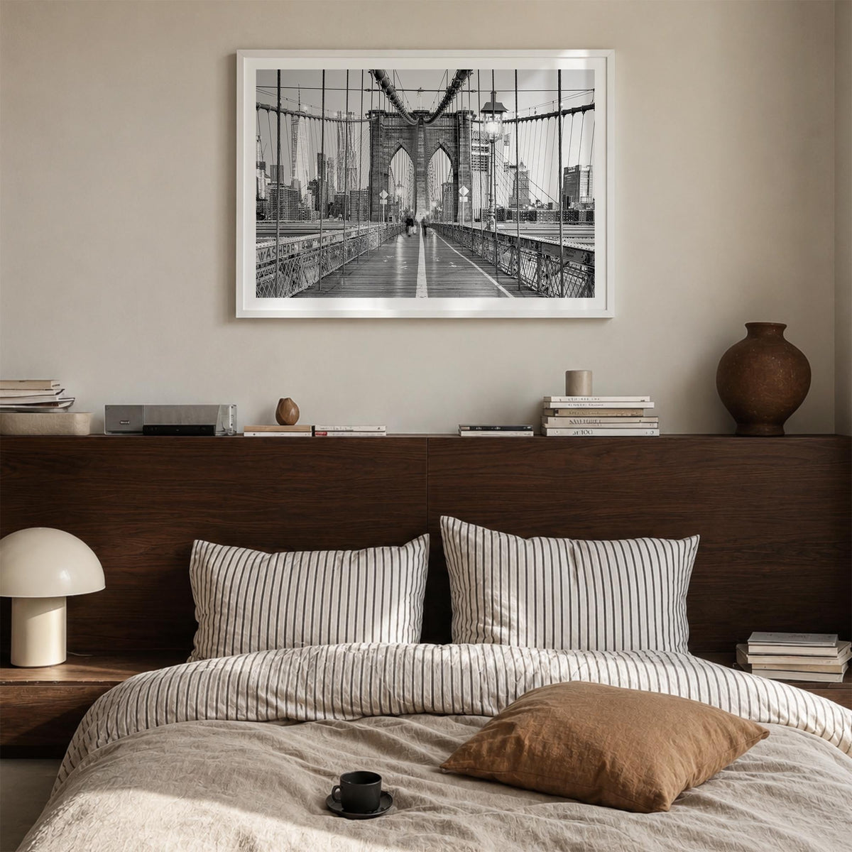 New York City no. 2 black & white photo poster of New York, USA – horizontal wall art in white wood frame with white border, 