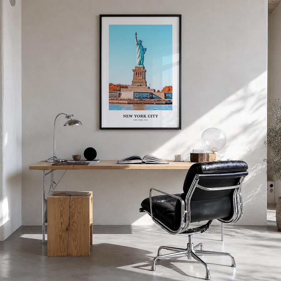 New York City no. 2 colorful classic poster of New York, USA – vertical wall art in black wood frame, hanging on wall