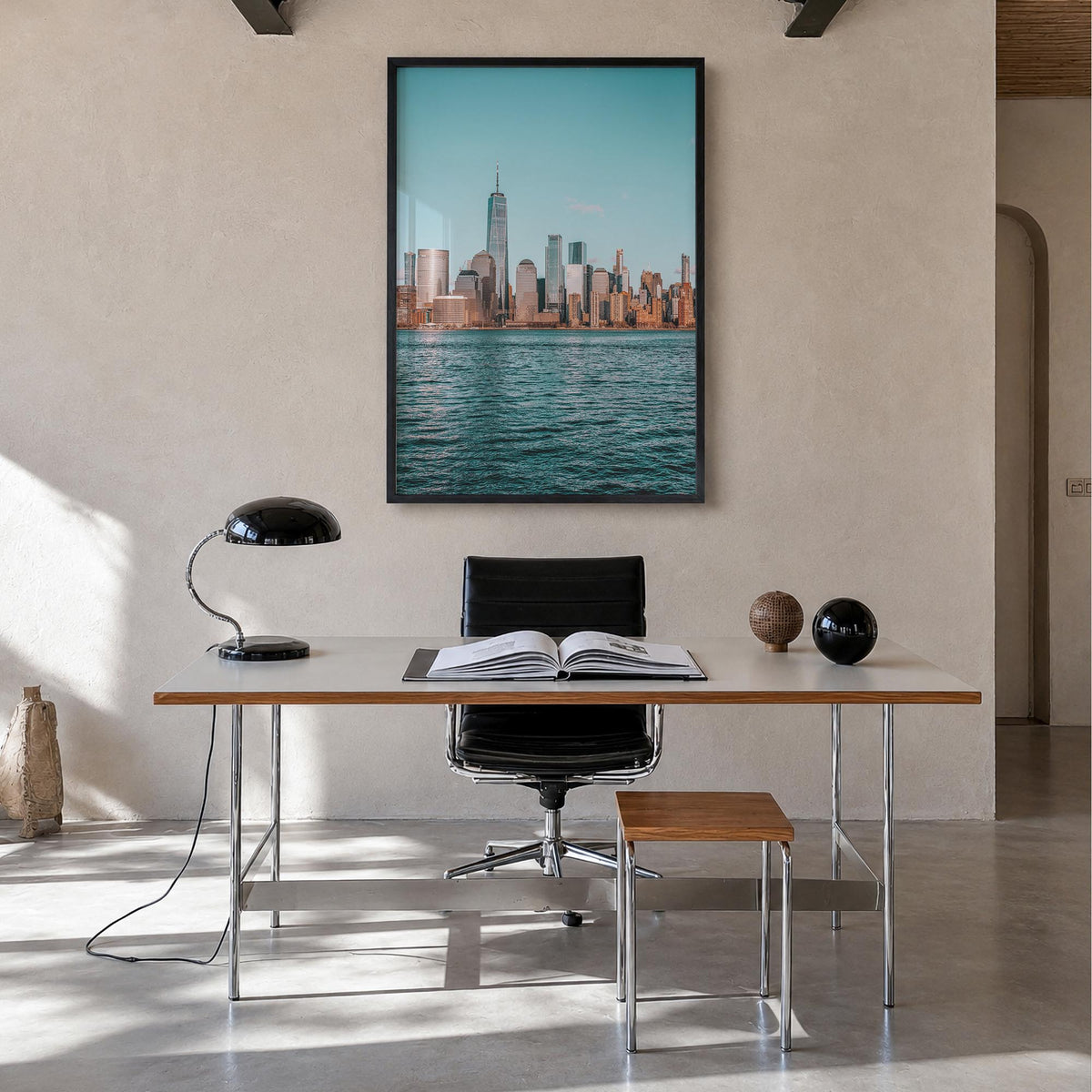 New York City no. 2 colorful photo poster of New York, USA – vertical wall art in black wood frame, hanging on wall