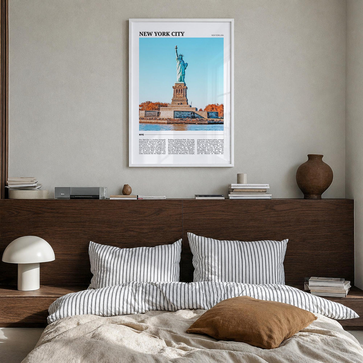 New York City no. 2 colorful travel poster of New York, USA – vertical wall art in white wood frame, hanging on wall