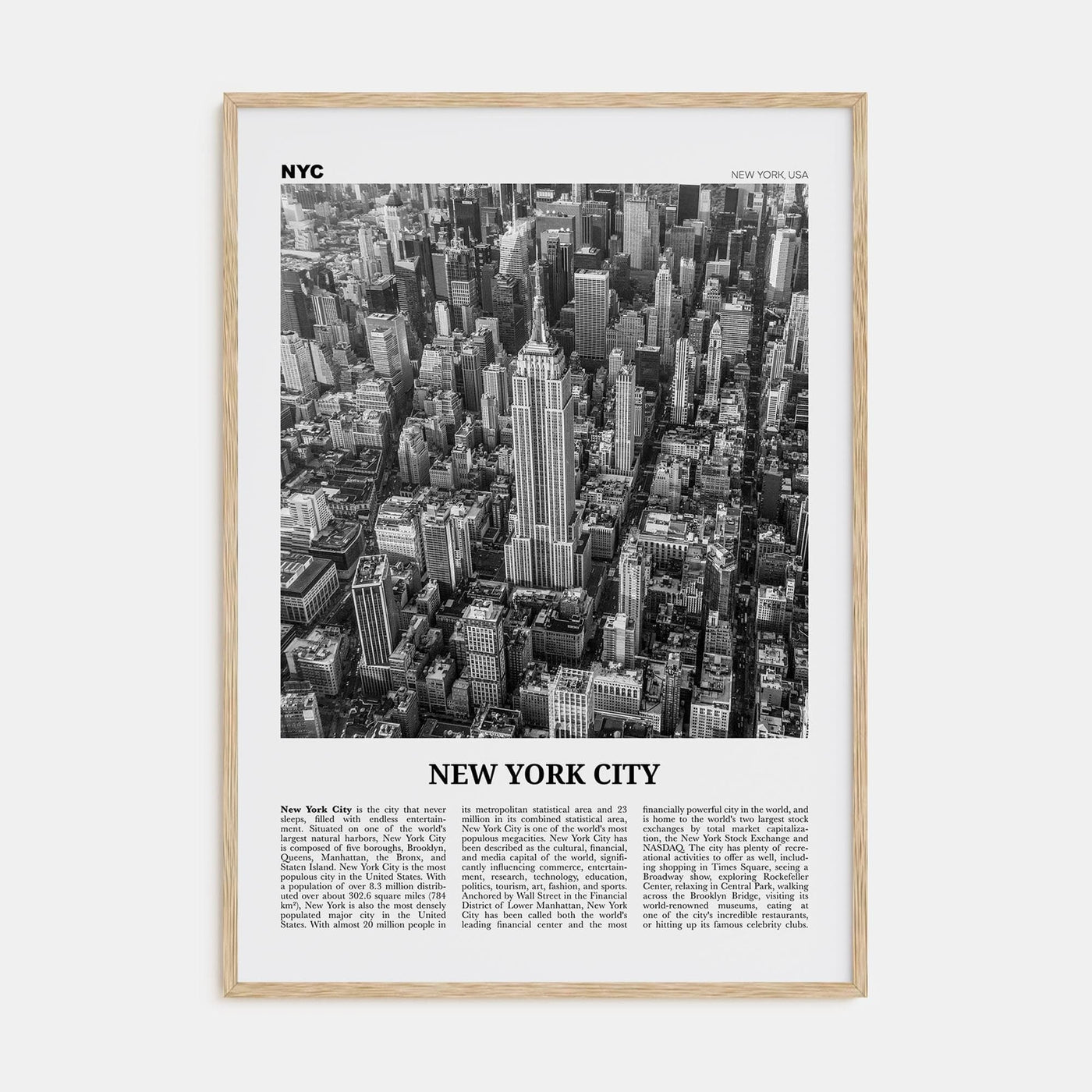 New York City No 2 Poster Natural Wood / 8x12 in Nbourhood Travel B&W Poster