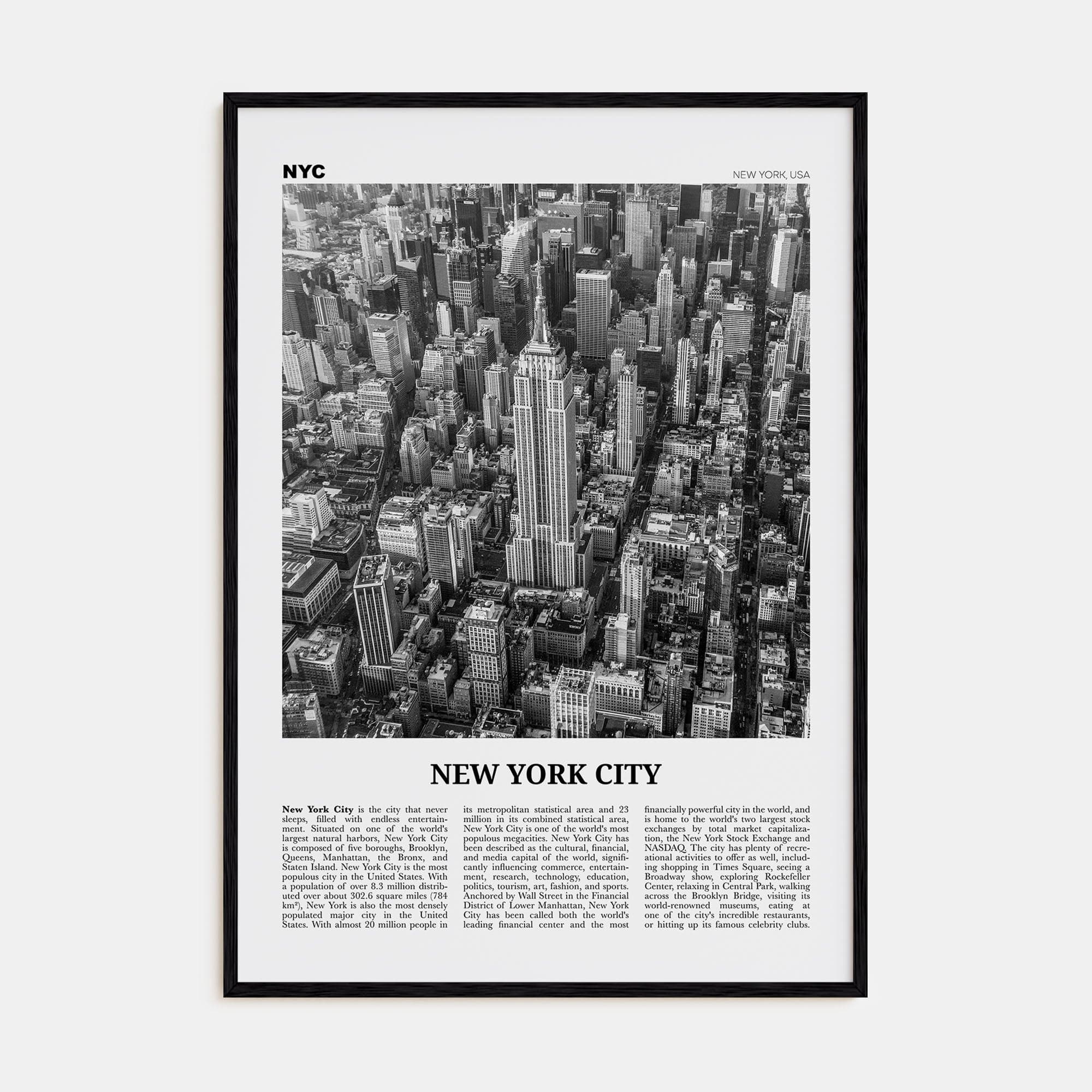 New York City No 2 Poster Black Wood / 8x12 in Nbourhood Travel B&W Poster