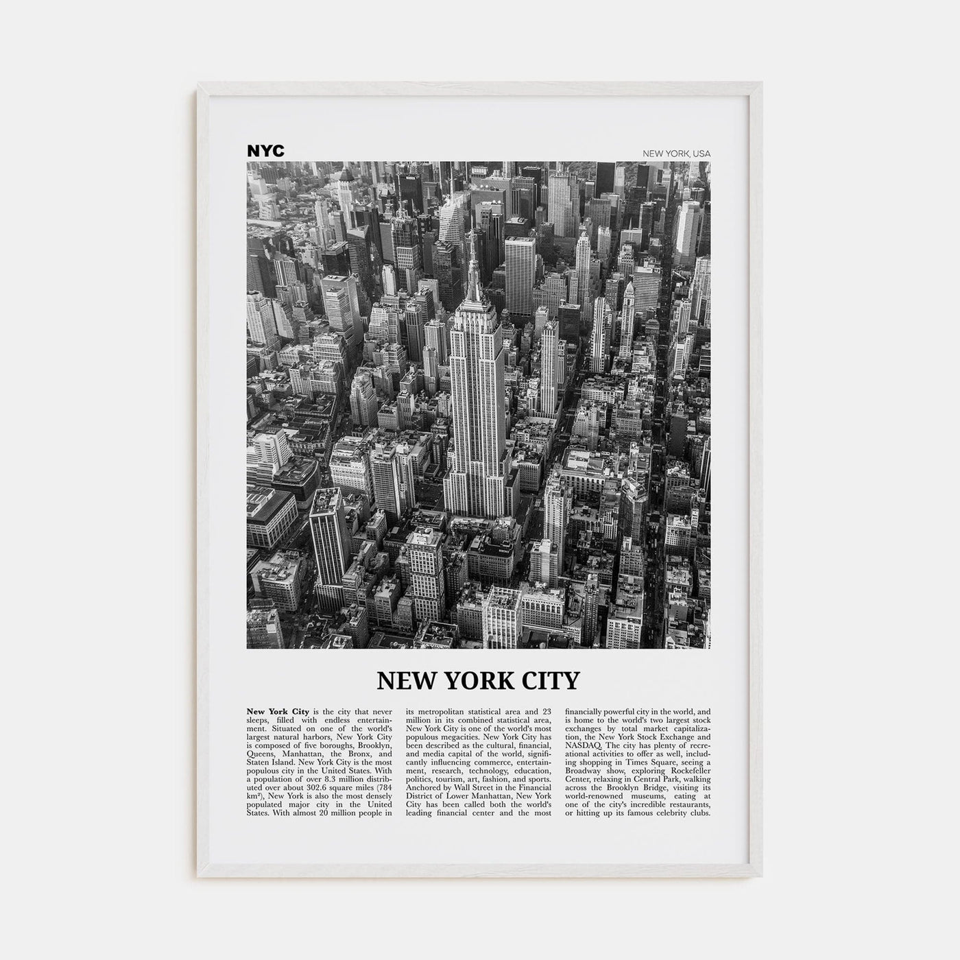 New York City No 2 Poster White Wood / 8x12 in Nbourhood Travel B&W Poster