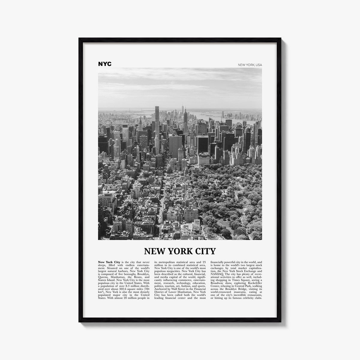 New York City no. 3 black & white newspaper poster of New York, USA – vertical wall art, unframed print shown in interior moc