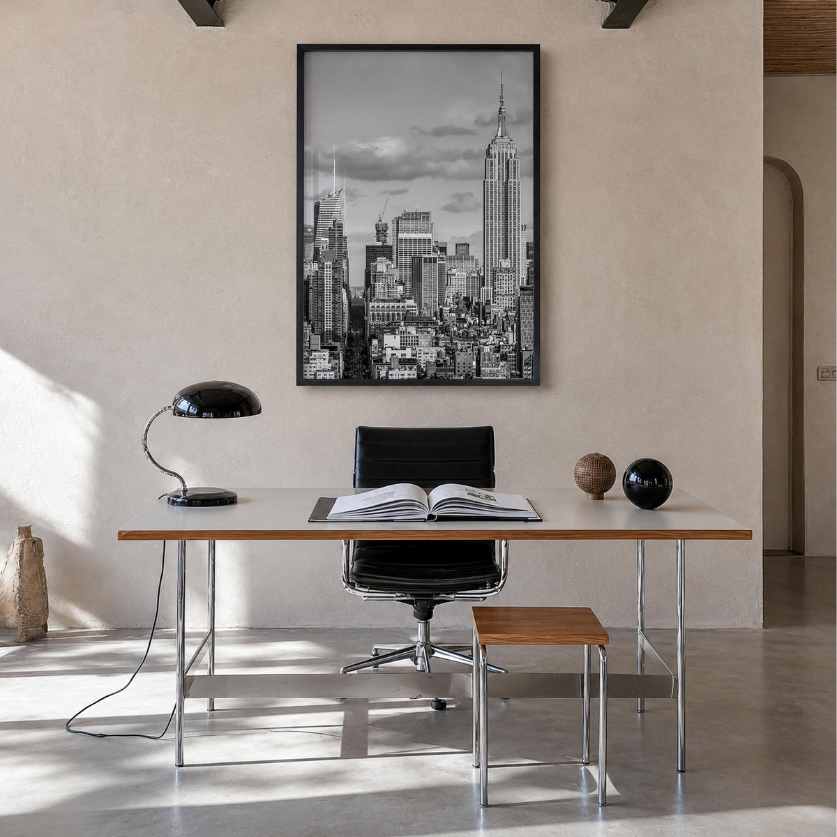 New York City no. 3 black & white photo poster of New York, USA – vertical wall art in black wood frame, hanging on wall