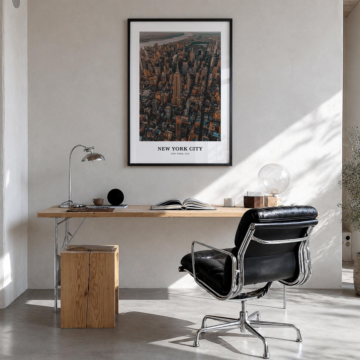 New York City no. 3 colorful classic poster of New York, USA – vertical wall art in black wood frame, hanging on wall
