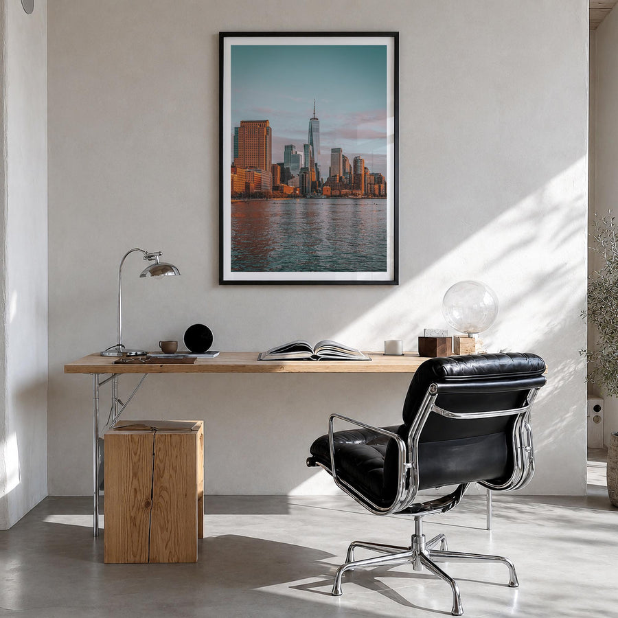 New York City no. 3 colorful photo poster of New York, USA – vertical wall art in black wood frame with white border, hanging
