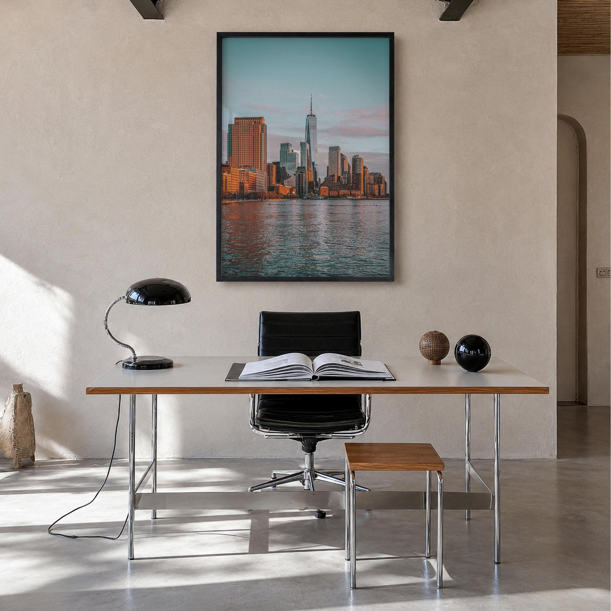 New York City no. 3 colorful photo poster of New York, USA – vertical wall art in black wood frame, hanging on wall