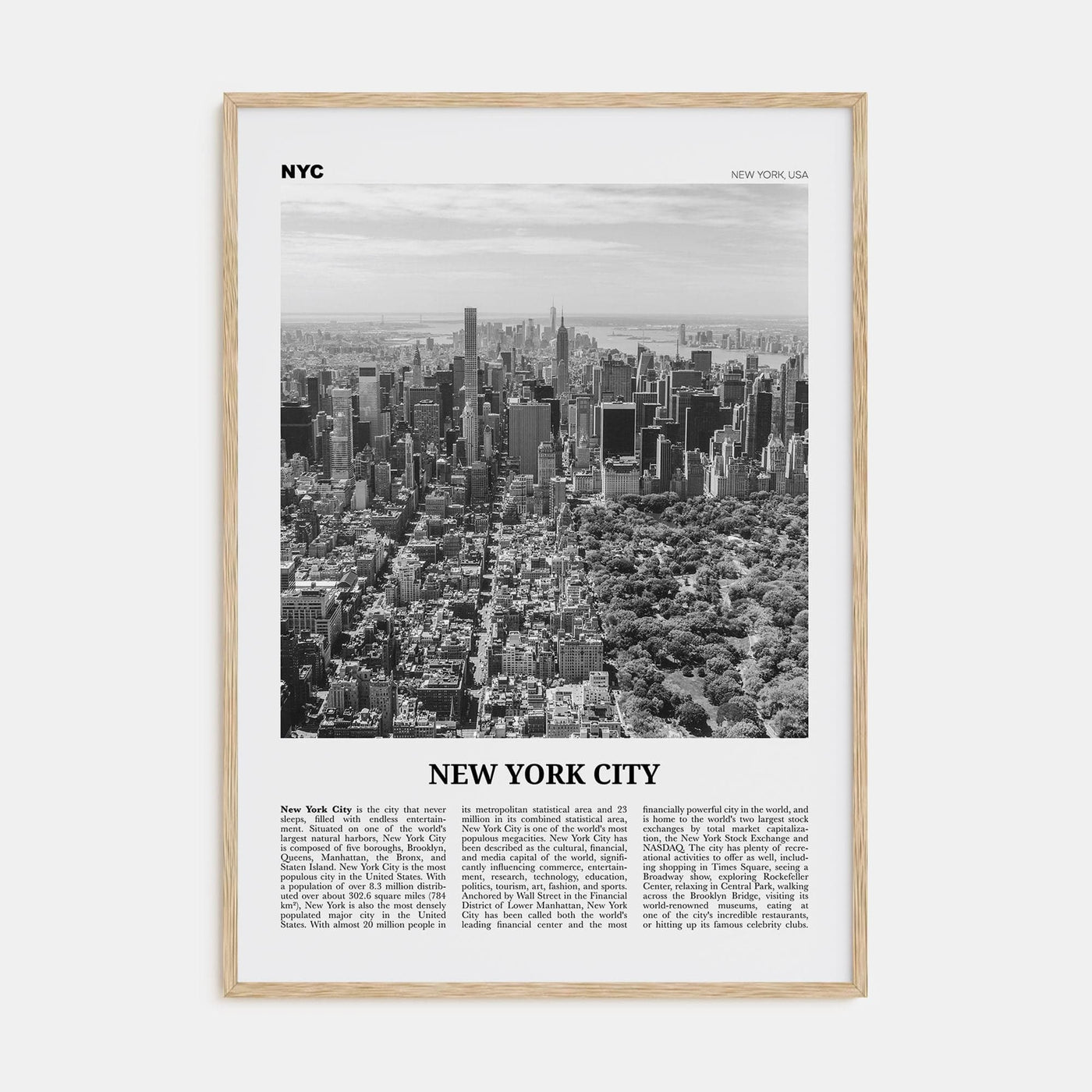 New York City No 3 Poster Natural Wood / 8x12 in Nbourhood Travel B&W Poster