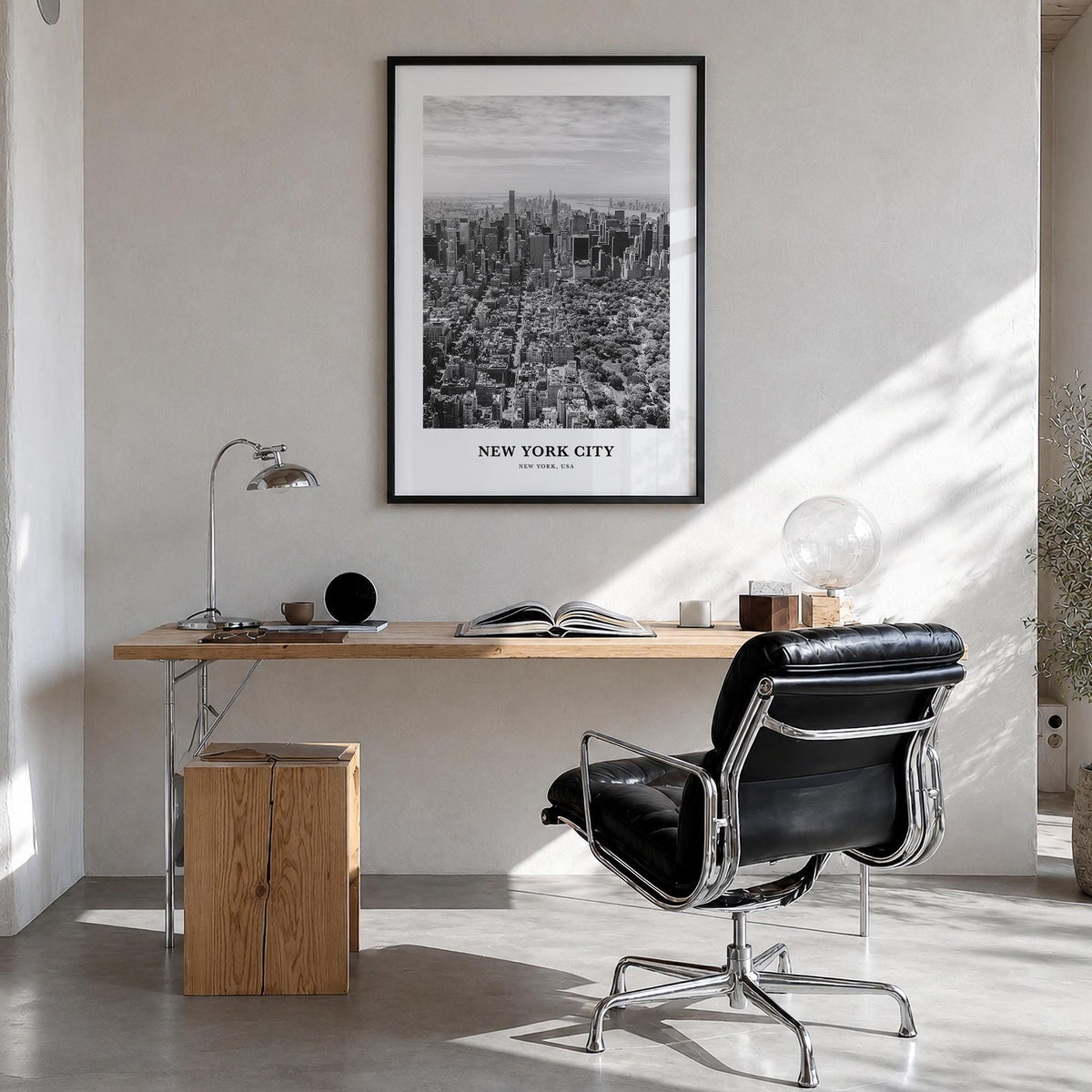New York City no. 4 black & white classic poster of New York, USA – vertical wall art in black wood frame, hanging on wall