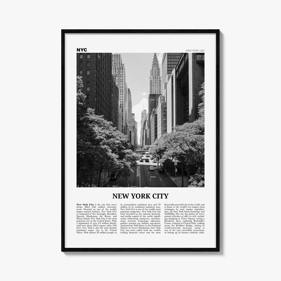 New York City no. 4 black & white newspaper poster of New York, USA – vertical wall art, unframed print shown in interior moc
