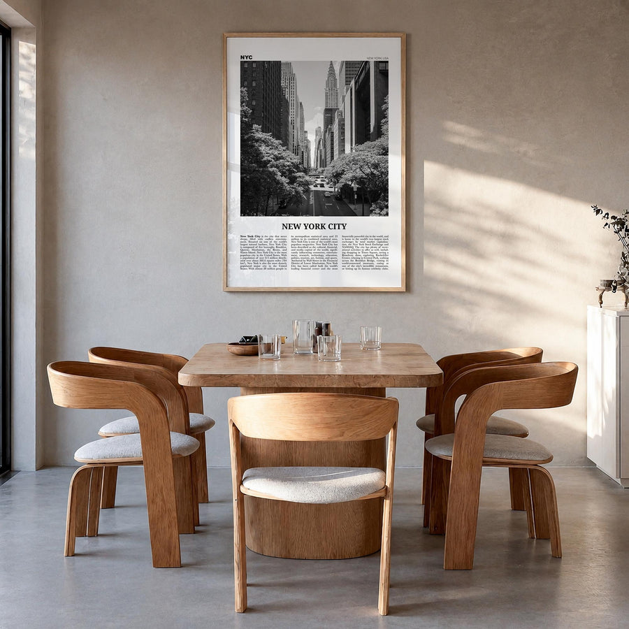 New York City no. 4 black & white newspaper poster of New York, USA – vertical wall art in natural wood frame, hanging on wal