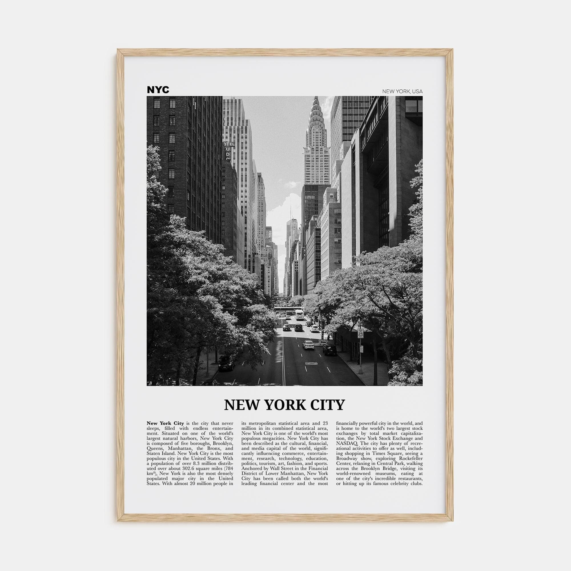 New York City No 4 Poster Natural Wood / 8x12 in Nbourhood Travel B&W Poster