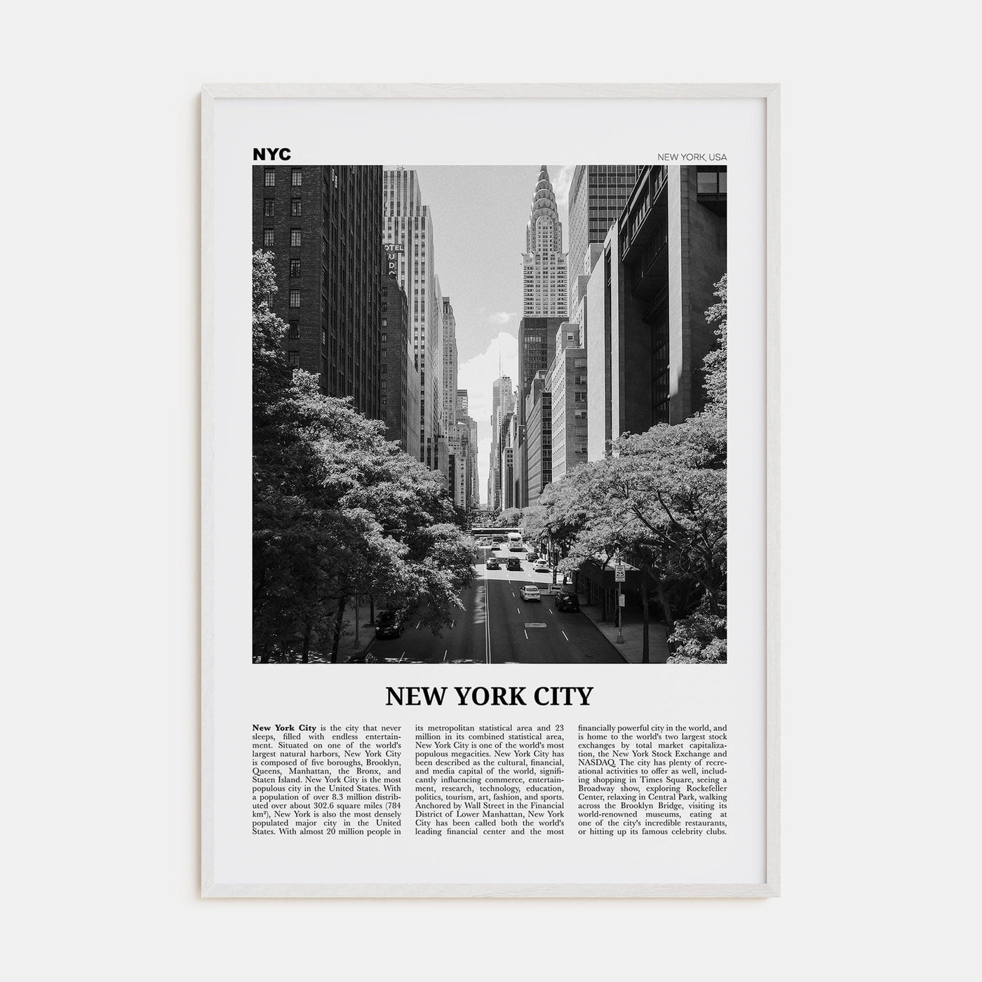 New York City No 4 Poster White Wood / 8x12 in Nbourhood Travel B&W Poster