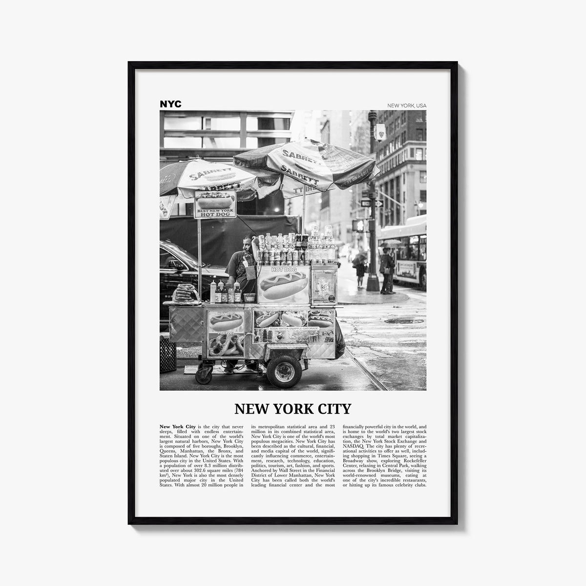 New York City no. 5 black & white newspaper poster of New York, USA – vertical wall art, unframed print shown in interior moc