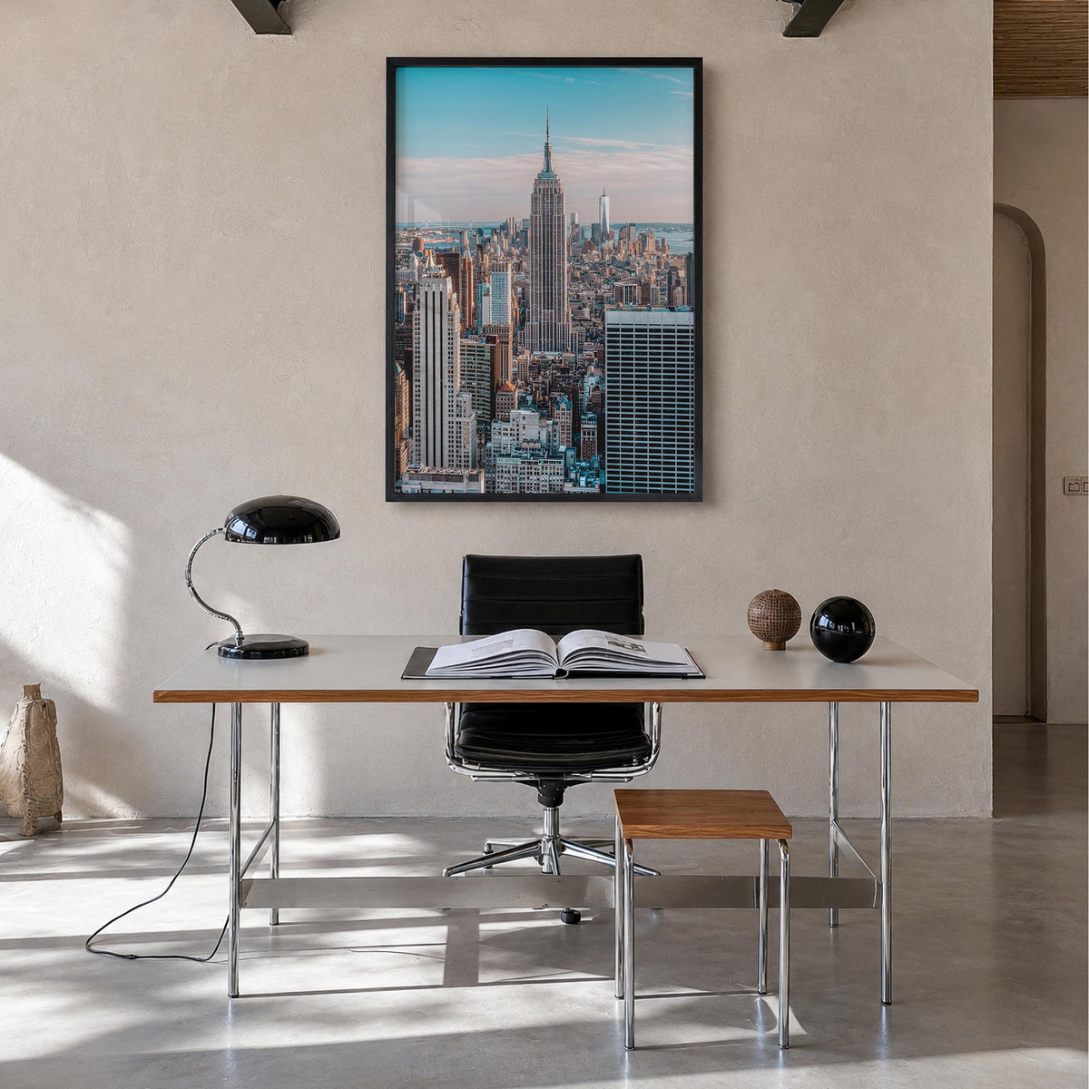 New York City no. 5 colorful photo poster of New York, USA – vertical wall art in black wood frame, hanging on wall