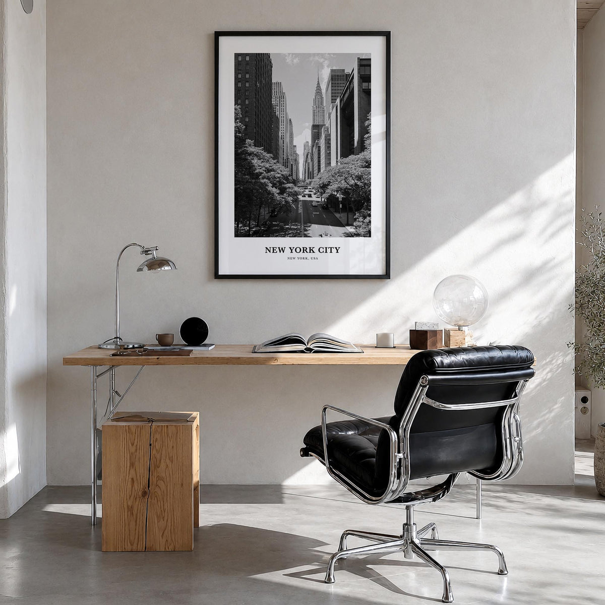 New York City no. 6 black & white classic poster of New York, USA – vertical wall art in black wood frame, hanging on wall