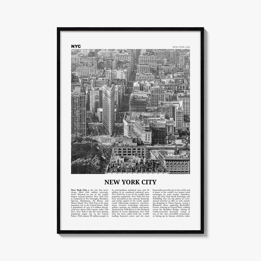 New York City no. 6 black & white newspaper poster of New York, USA – vertical wall art, unframed print shown in interior moc