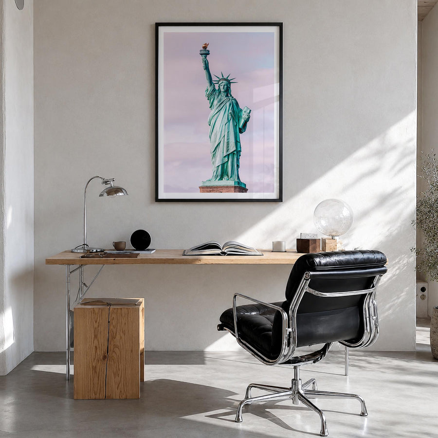 New York City no. 6 colorful photo poster of New York, USA – vertical wall art in black wood frame with white border, hanging