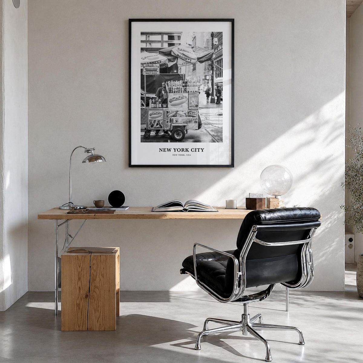 New York City no. 1 black & white classic poster of New York, USA – vertical wall art in black wood frame, hanging on wall