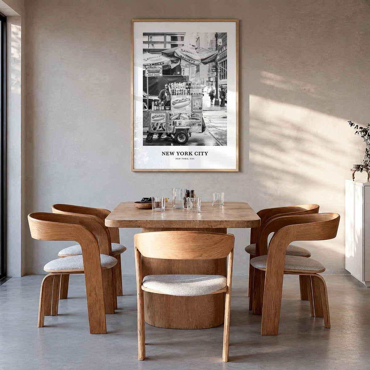 New York City no. 1 black & white classic poster of New York, USA – vertical wall art in natural wood frame, hanging on wall