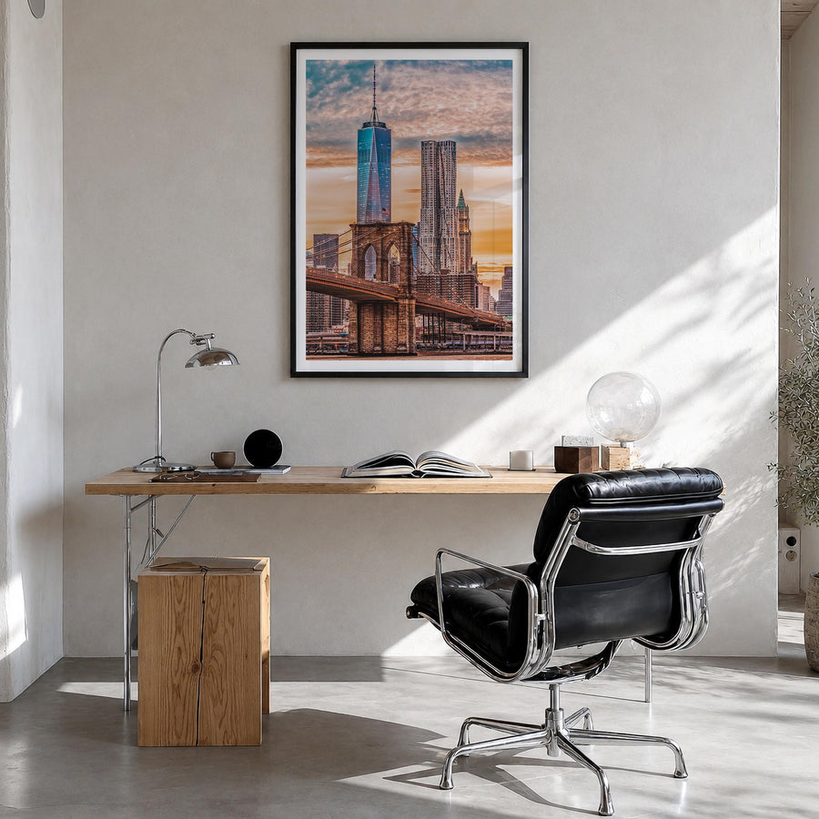 New York City no. 7 colorful photo poster of New York, USA – vertical wall art in black wood frame with white border, hanging