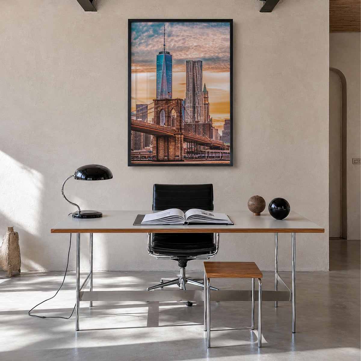 New York City no. 7 colorful photo poster of New York, USA – vertical wall art in black wood frame, hanging on wall