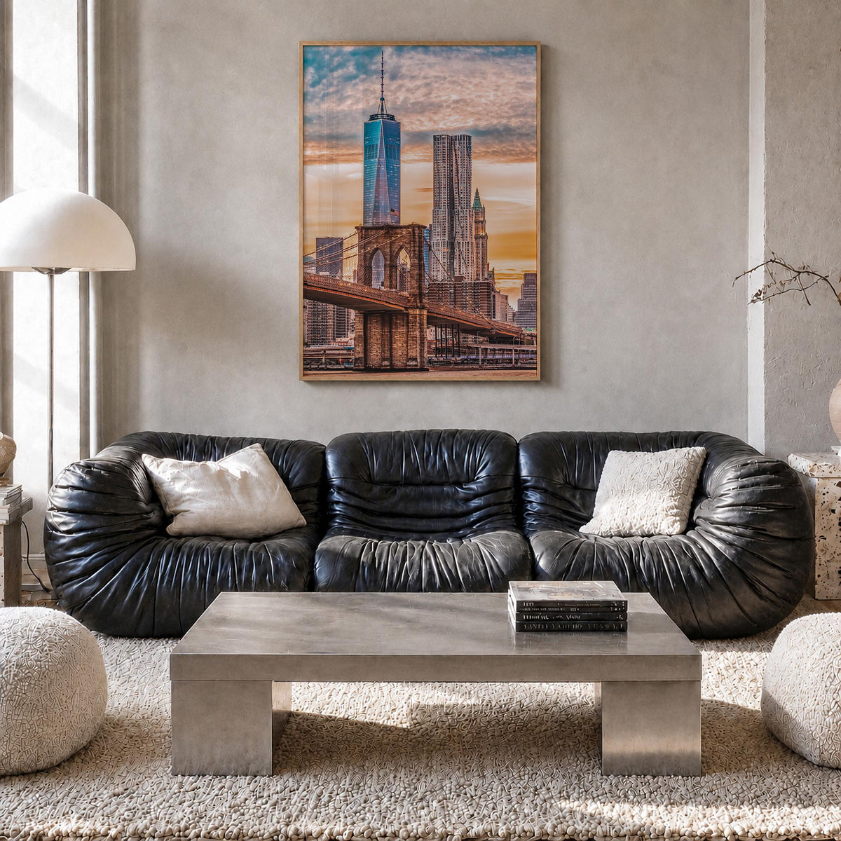 New York City no. 7 colorful photo poster of New York, USA – vertical wall art in natural wood frame, hanging on wall