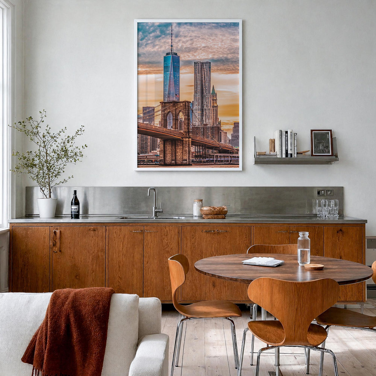 New York City no. 7 colorful photo poster of New York, USA – vertical wall art in white wood frame, hanging on wall