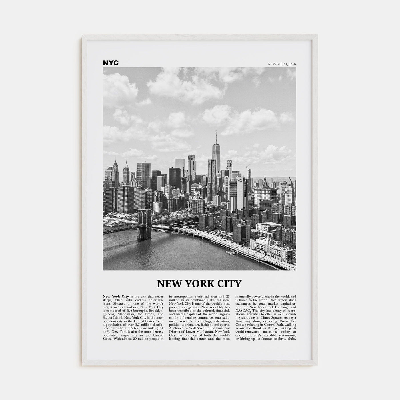 New York City No 7 Poster White Wood / 8x12 in Nbourhood Travel B&W Poster