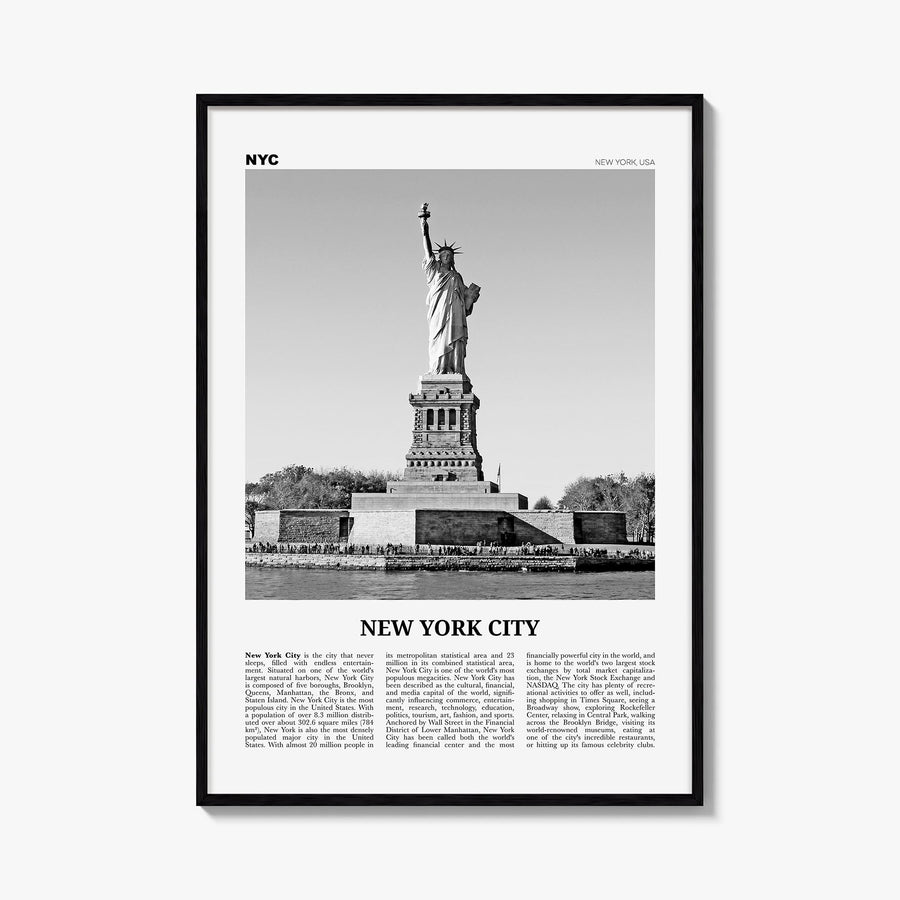 New York City no. 8 black & white newspaper poster of New York, USA – vertical wall art, unframed print shown in interior moc