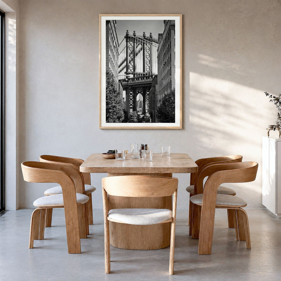 New York City Photo No 4 Poster in a natural wood frame, hanging in a dining room, white border