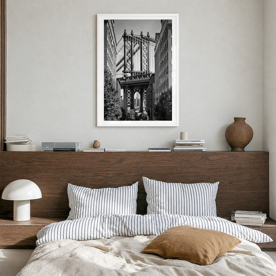 New York City Photo No 4 Poster in a white wood frame, hanging in a bedroom, white border