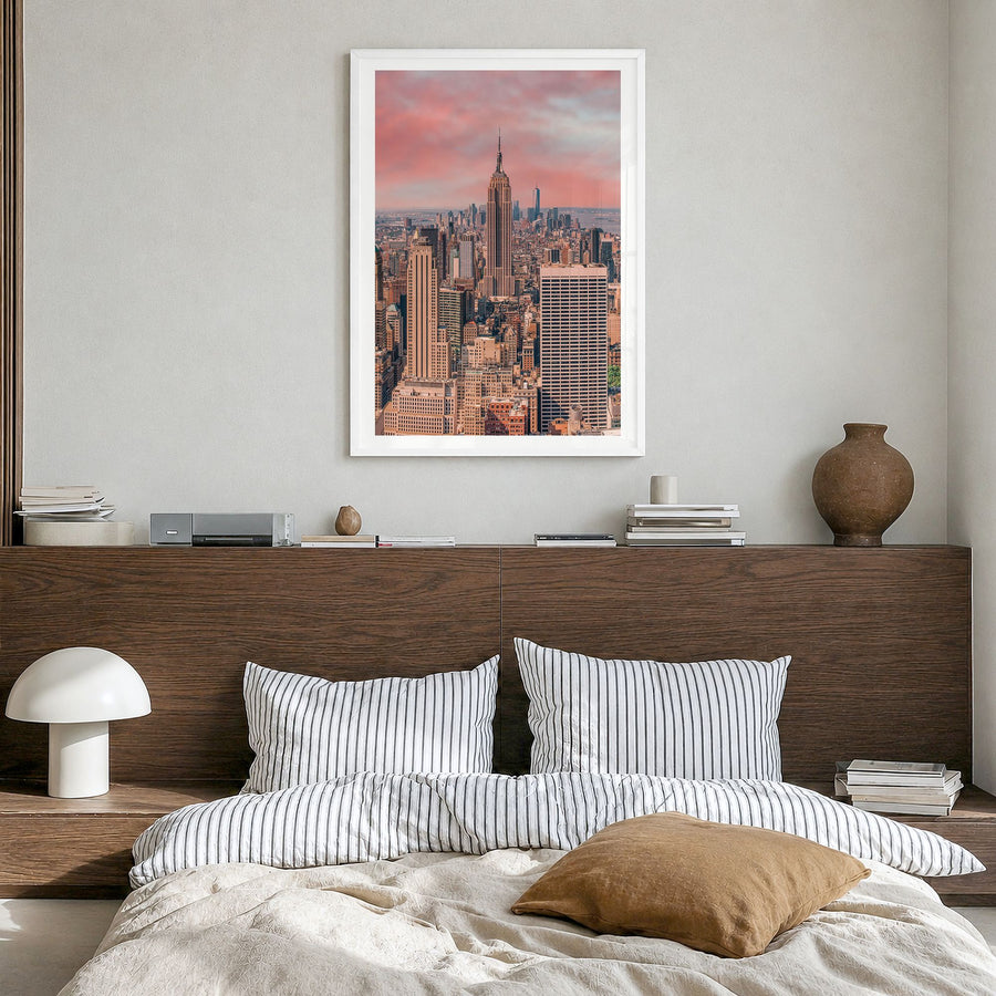 New York City Photo No 1 Poster in a white wood frame, hanging in a bedroom, white border