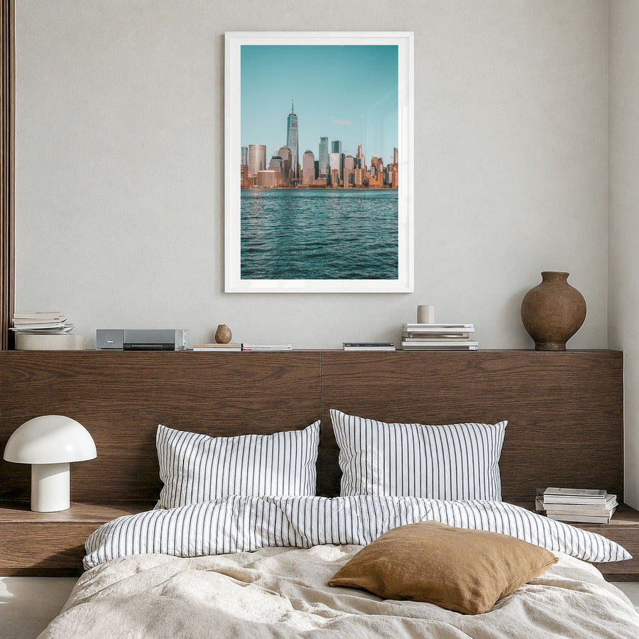 New York City Photo No 2 Poster in a white wood frame, hanging in a bedroom, white border
