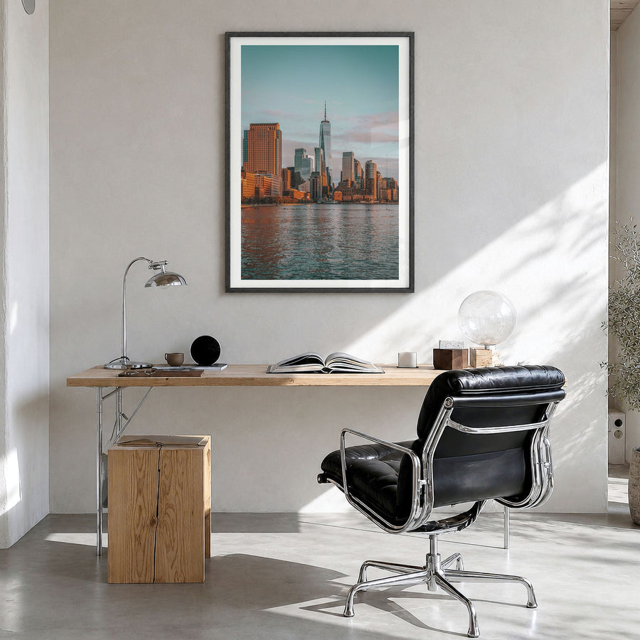 New York City Photo No 3 Poster in a black wood frame, hanging in a bright home office, white border