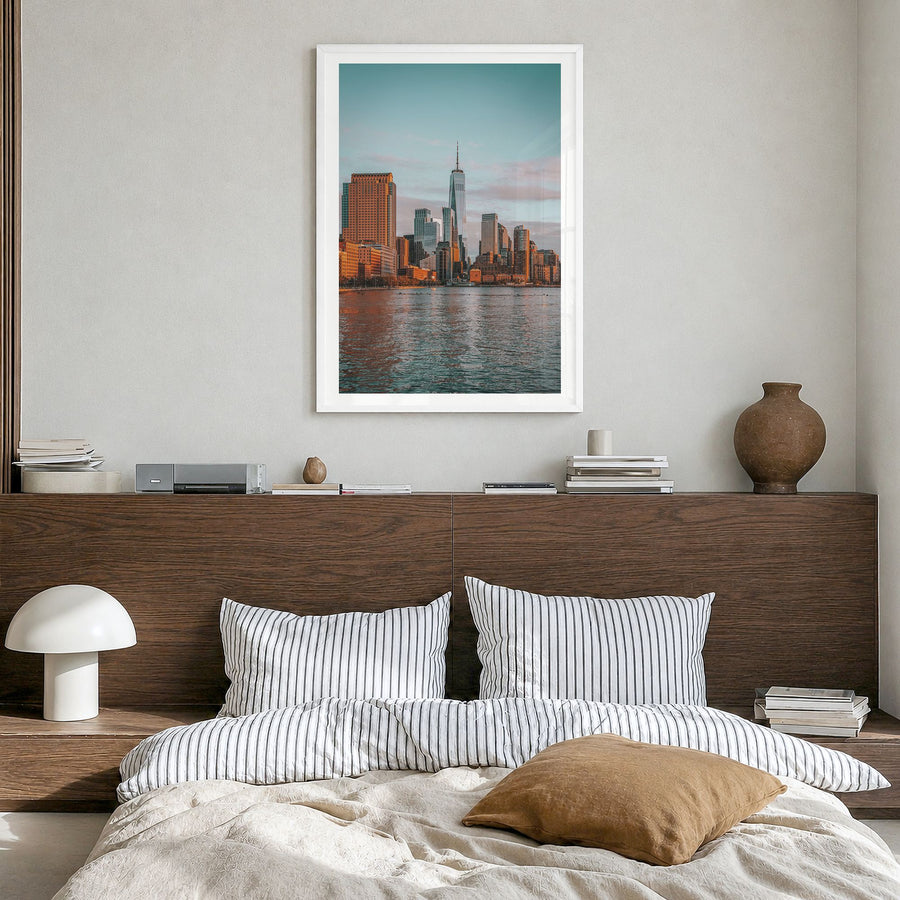 New York City Photo No 3 Poster in a white wood frame, hanging in a bedroom, white border