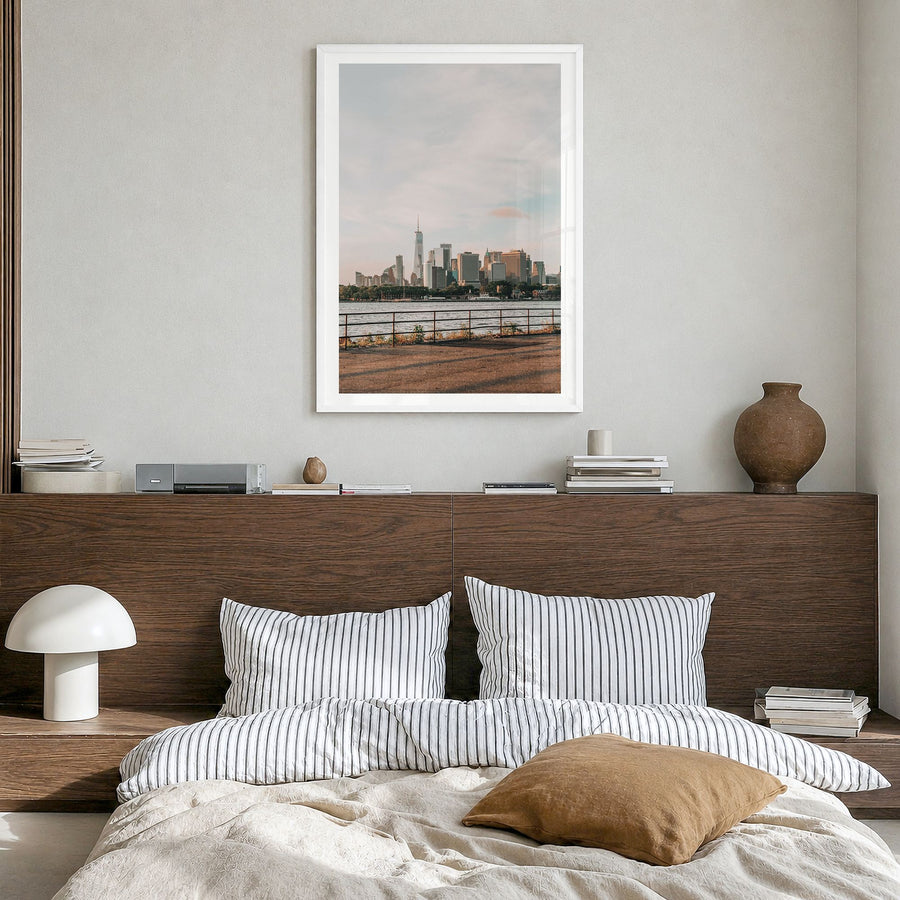 New York City Photo No 4 Poster in a white wood frame, hanging in a bedroom, white border