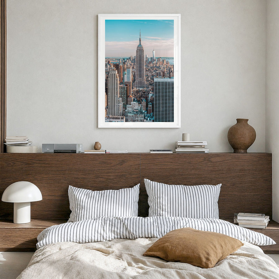 New York City Photo No 5 Poster in a white wood frame, hanging in a bedroom, white border