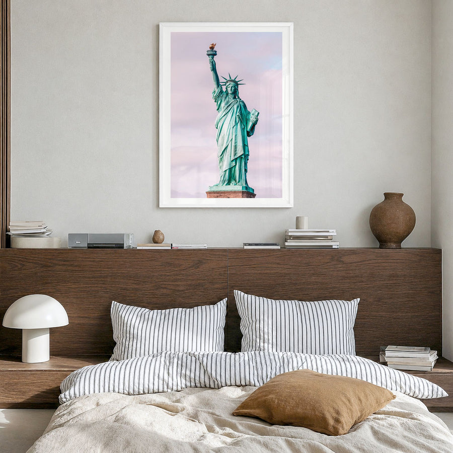 New York City Photo No 6 Poster in a white wood frame, hanging in a bedroom, white border