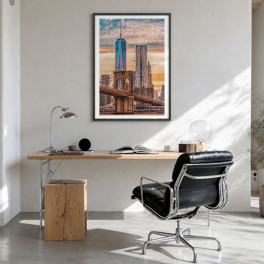 New York City Photo No 7 Poster in a black wood frame, hanging in a bright home office, white border